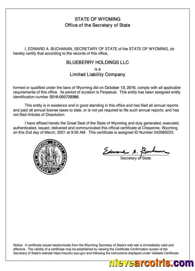 USA Wyoming certificate of good standing